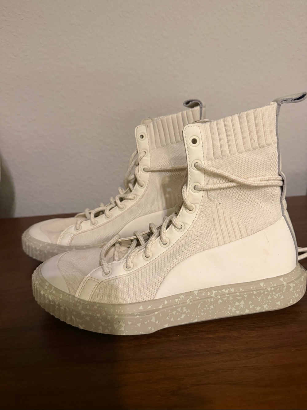 Women’s High-Top Knit Lace-Up Sneakers in Off-White